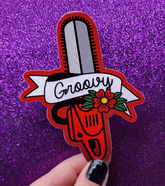 Groovy Chainsaw Horror Sticker 3.5x4"