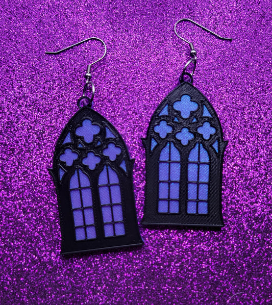 Gothic Cathedral Window Purple Iridescent 3D Printed Statement Earrings