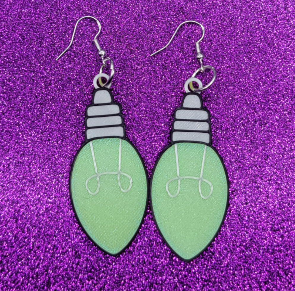 Green Iridescent Christmas Light Bulb Earrings Statement Earrings 3D Printed