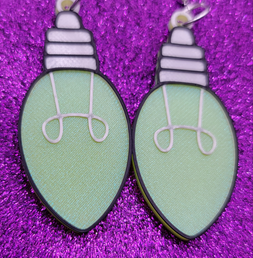 Green Iridescent Christmas Light Bulb Earrings Statement Earrings 3D Printed