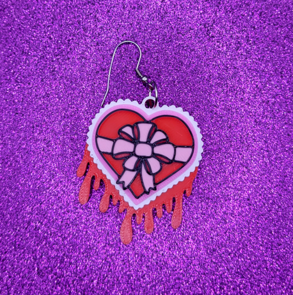 Bloody Heart Candy Box Statement Earrings 3D Printed