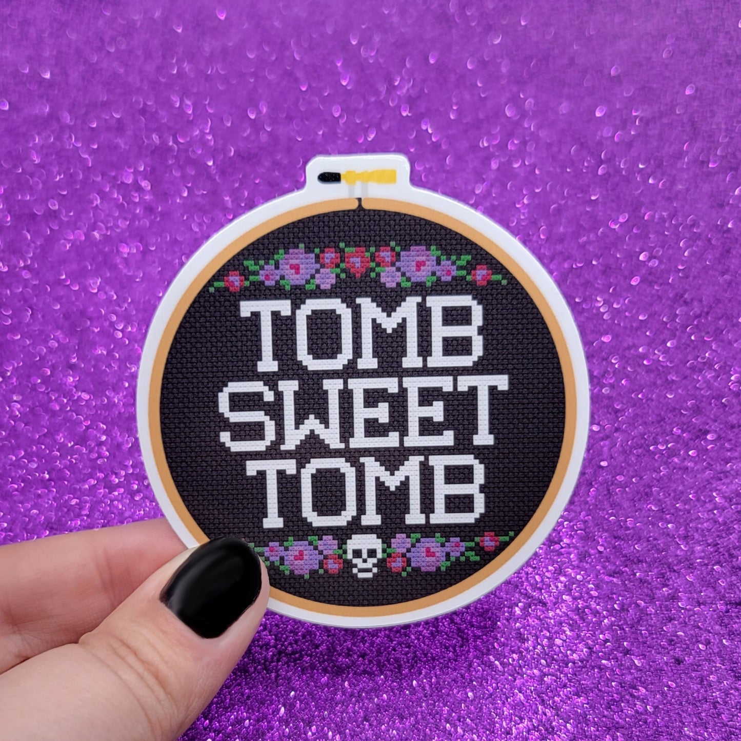 Tomb Sweet Tomb Cross Stitch Hoop Sticker 3"x3"