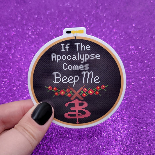 Apocalypse Beep Me Cross Stitch Hoop Sticker 3"x3"
