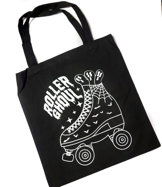 Roller Ghoul Tote Bag Black Cotton Reusable Shopping Bag 15"x16"