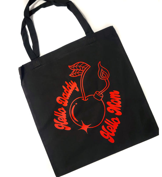 Cherry Bomb Tote Bag Black Cotton Reusable Shopping Bag 15"x16"