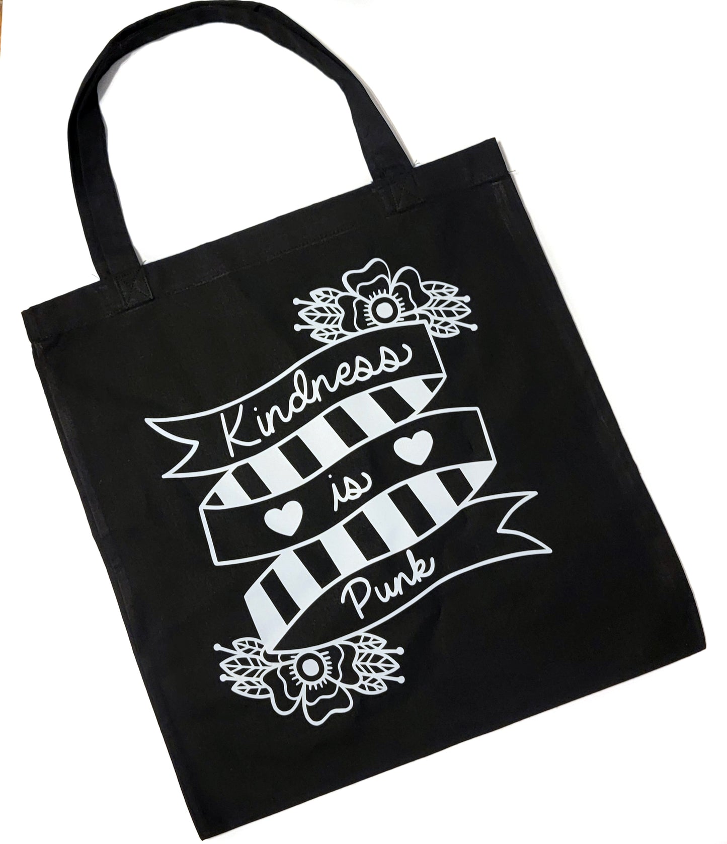 Kindness Is Punk Tote Bag Black Cotton Reusable Shopping Bag 15"x16"