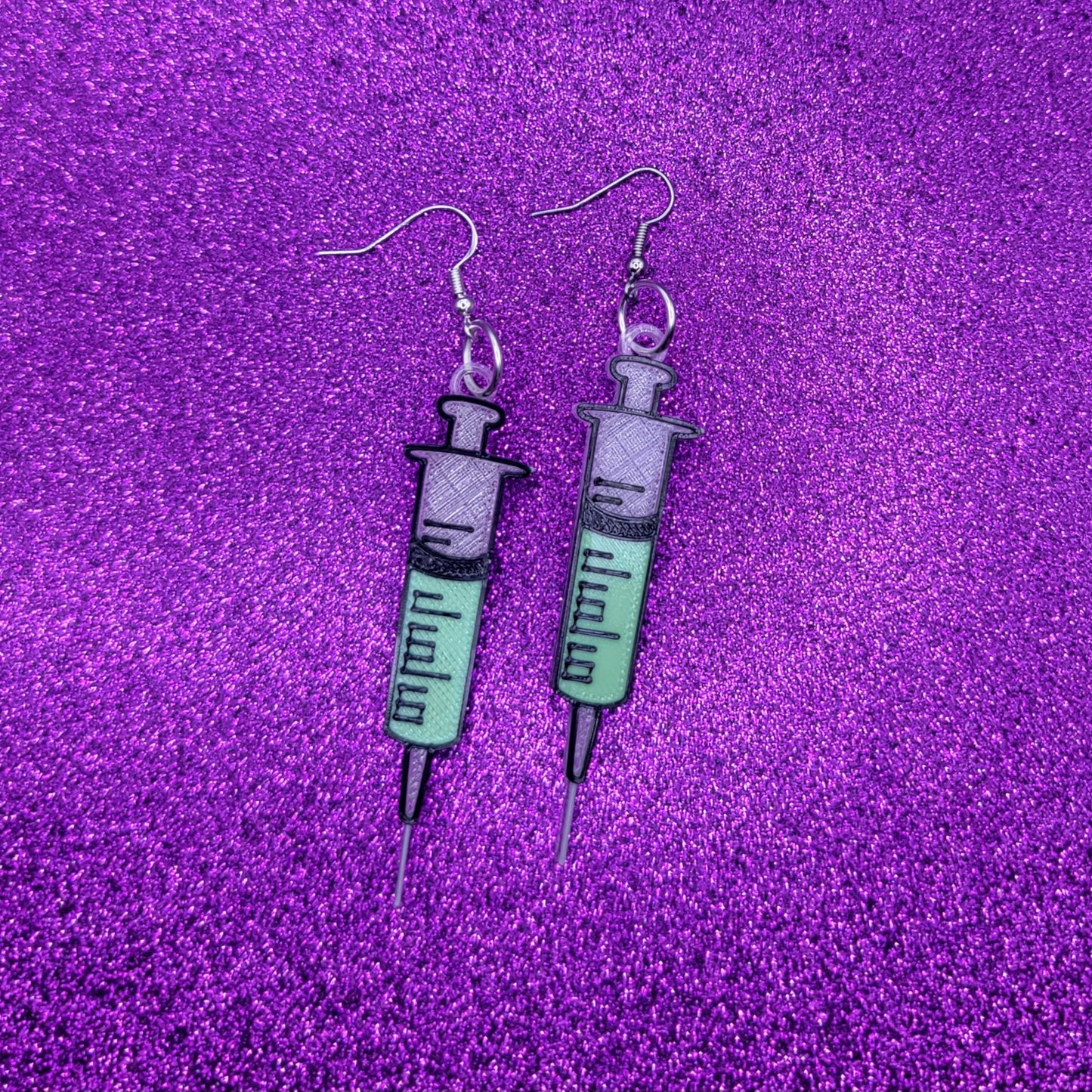 Green Syringe Horror Movie Statement Earrings 3D Printed