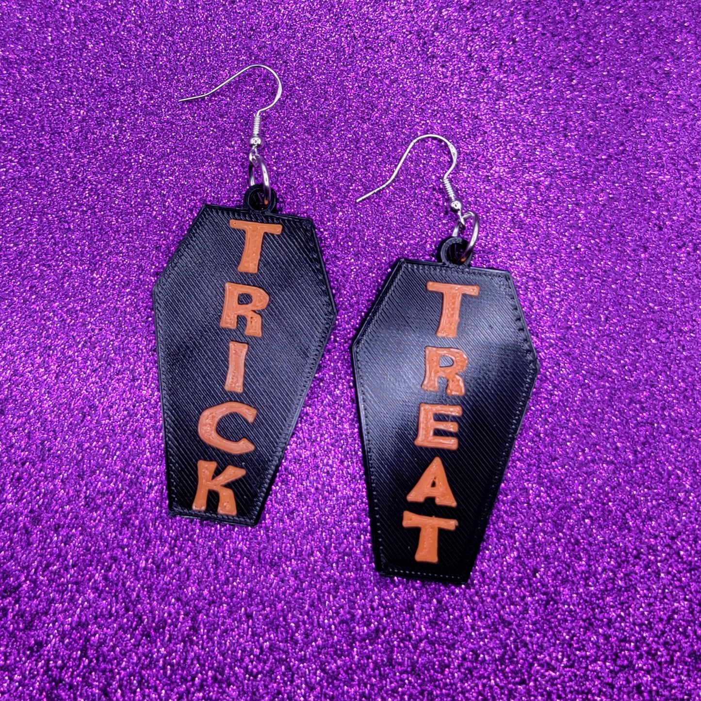 Trick Or Treat Halloween Coffin Statement Earrings 3D Printed