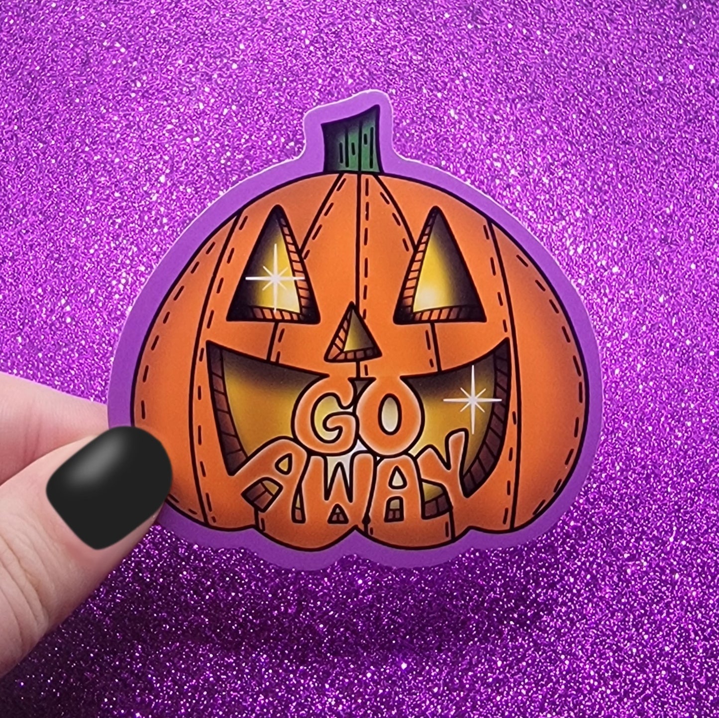 Go Away Pumpkin Jack O Lantern Sticker 3"x3"