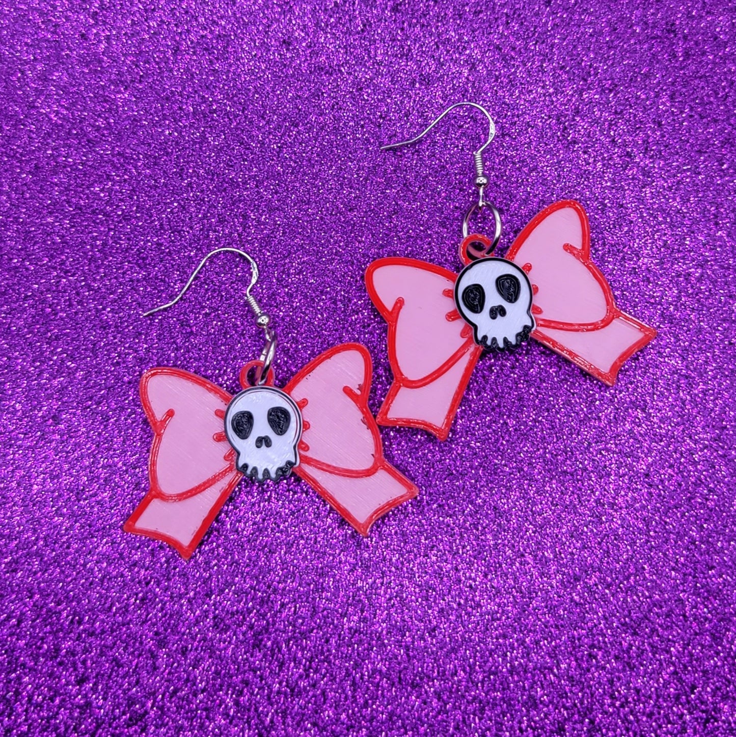 Pink Skull Bow Valentines Day Earrings 3D Printed