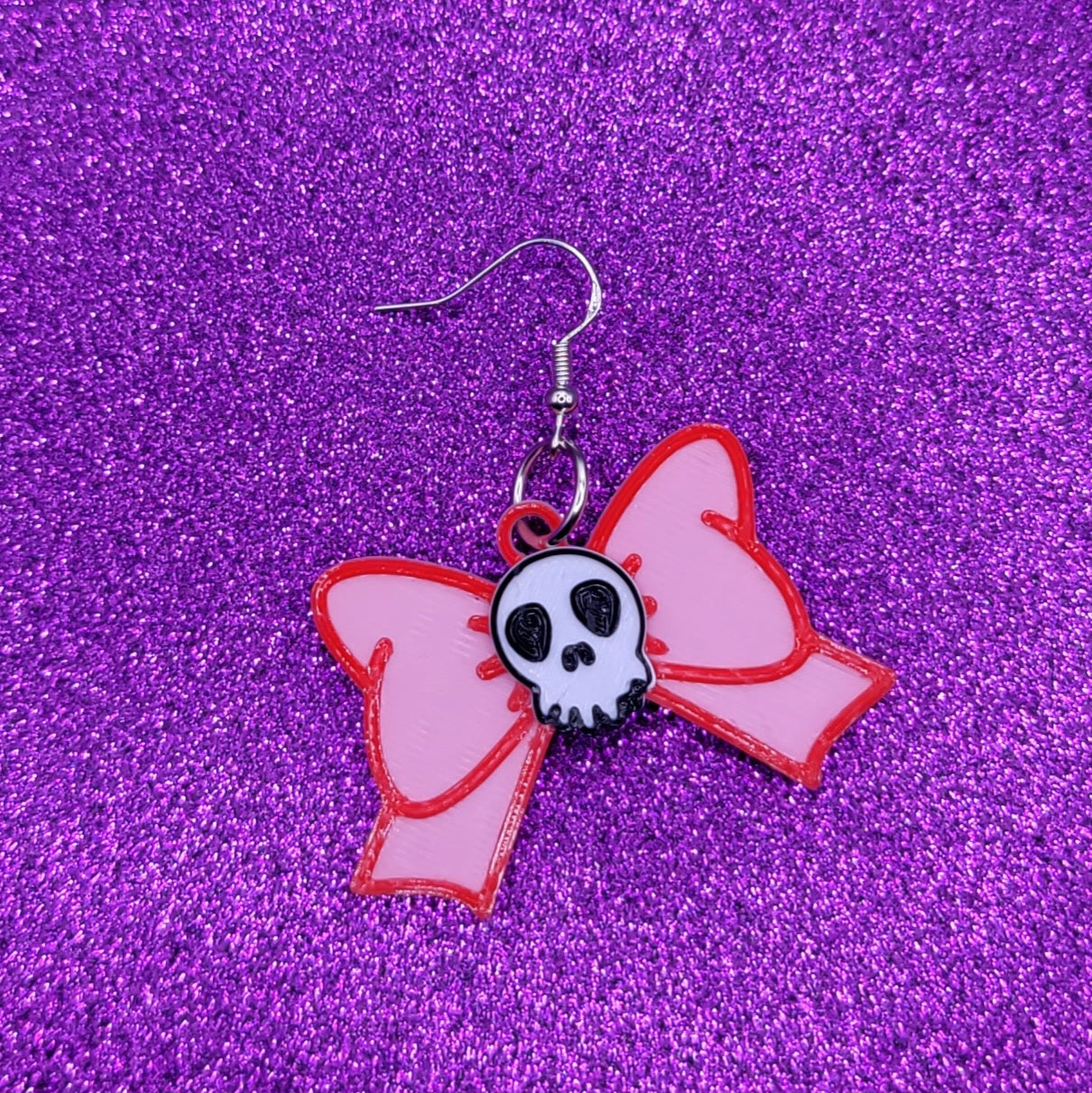 Pink Skull Bow Valentines Day Earrings 3D Printed