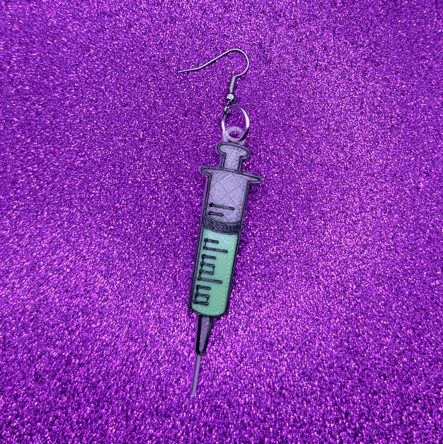 Green Syringe Horror Movie Statement Earrings 3D Printed