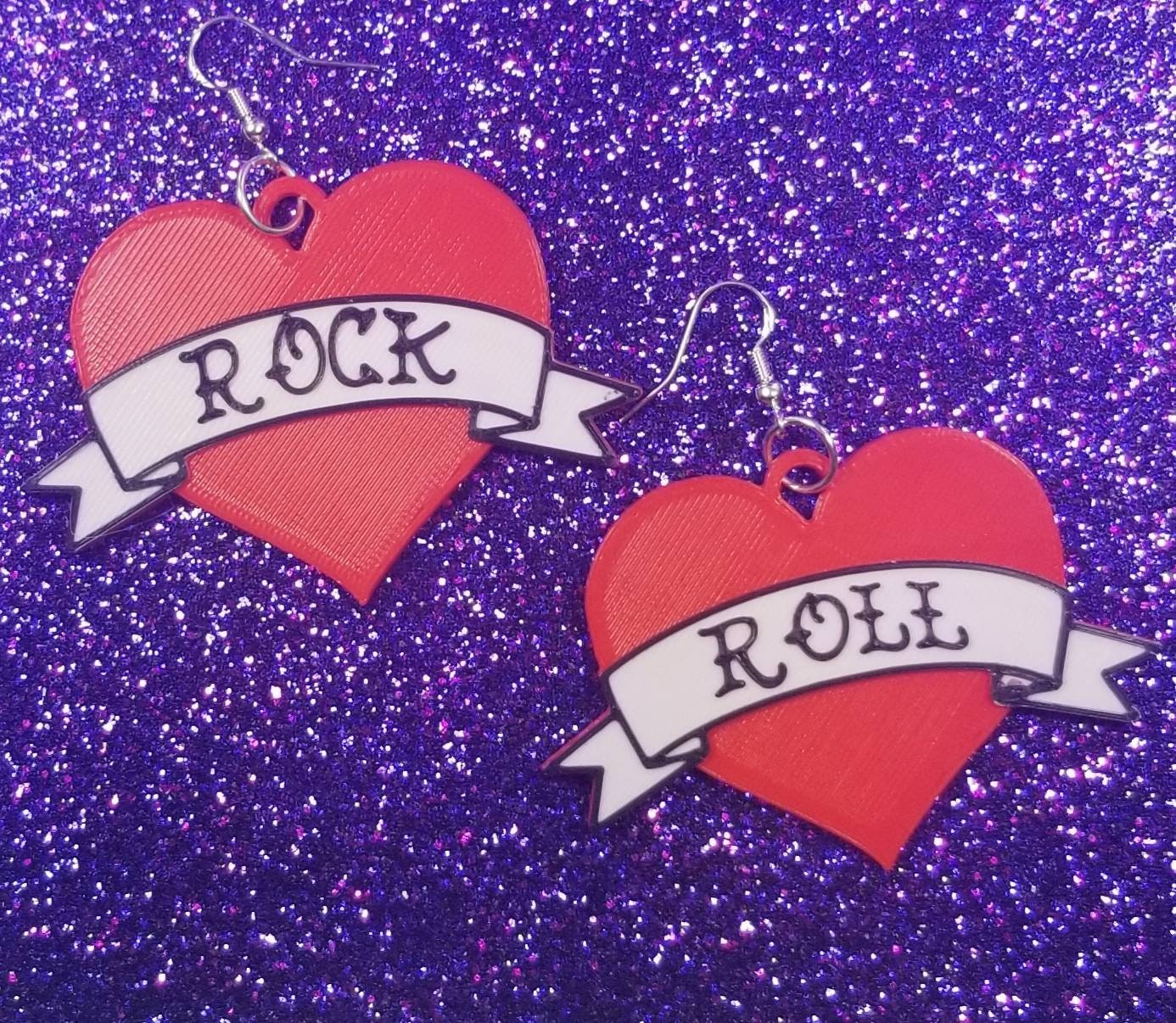 Rock and Roll Tattoo Heart Statement Earrings 3D Printed – Printy Vibes